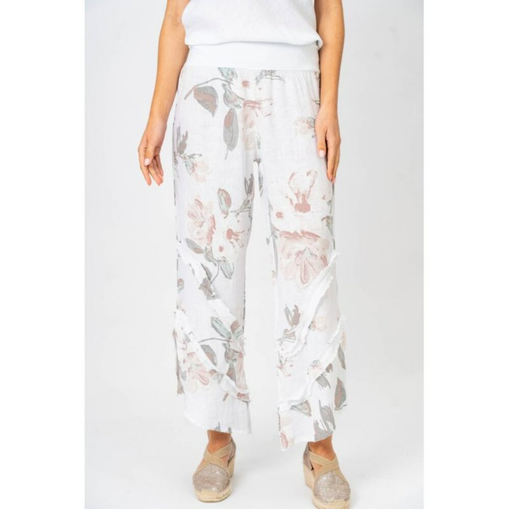 NWT Look Mode Floral Linen Pants With Ruffle Detailed Leg in Off White